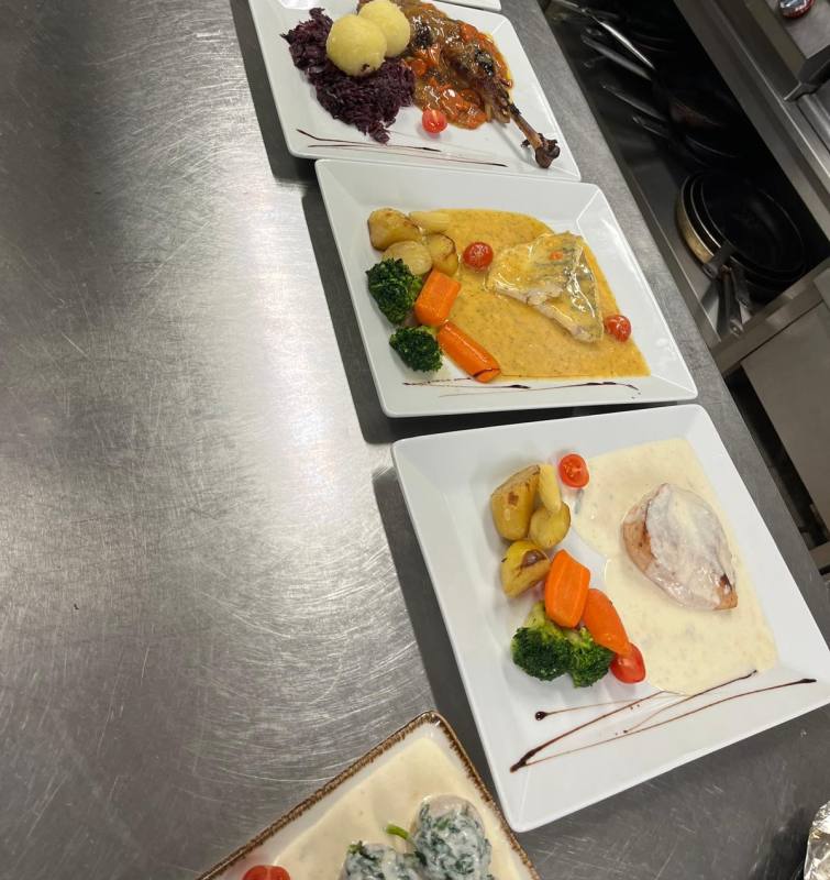 Plated meat and vegetable dishes