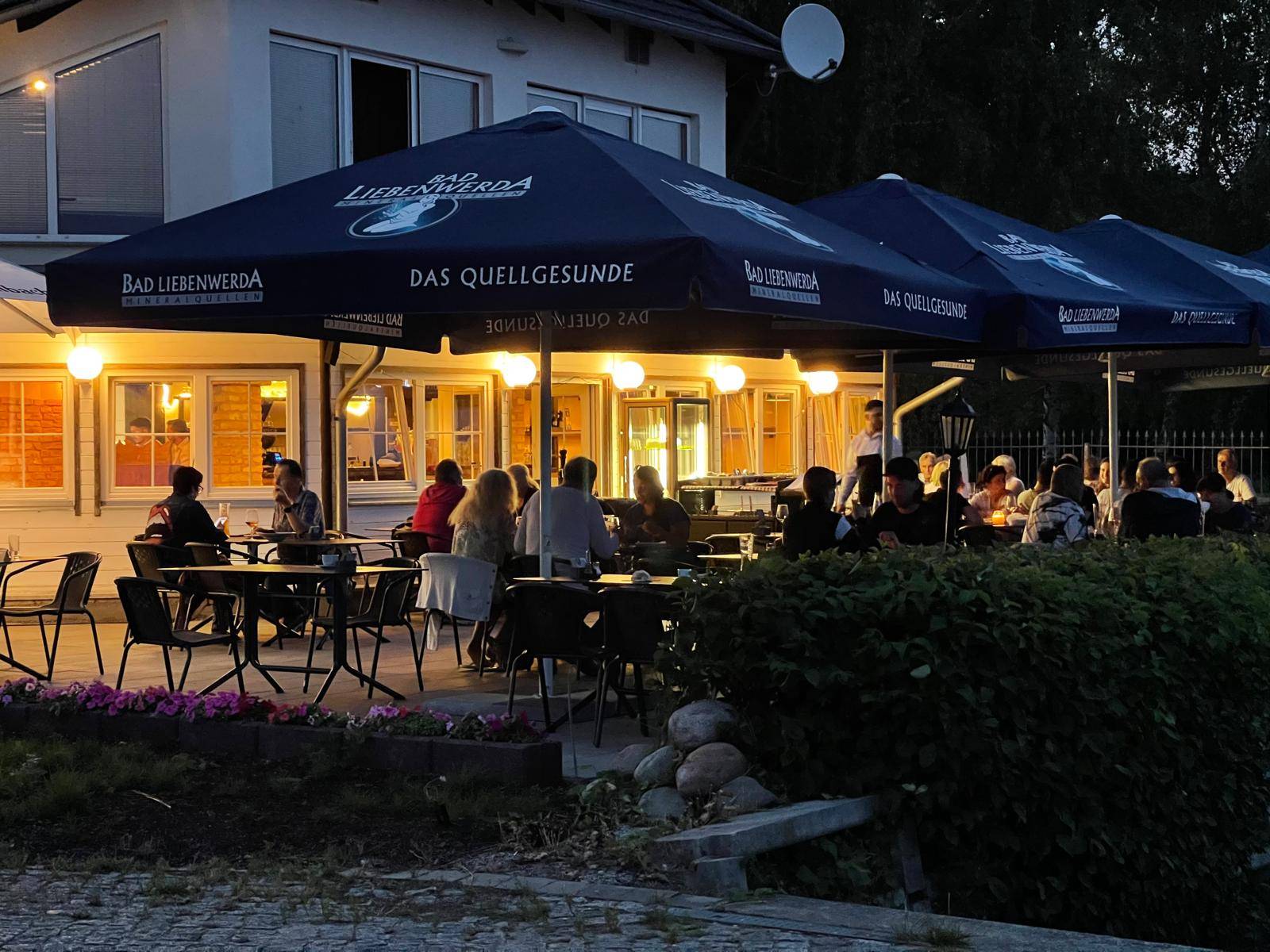 Terrace with parasols in the evening